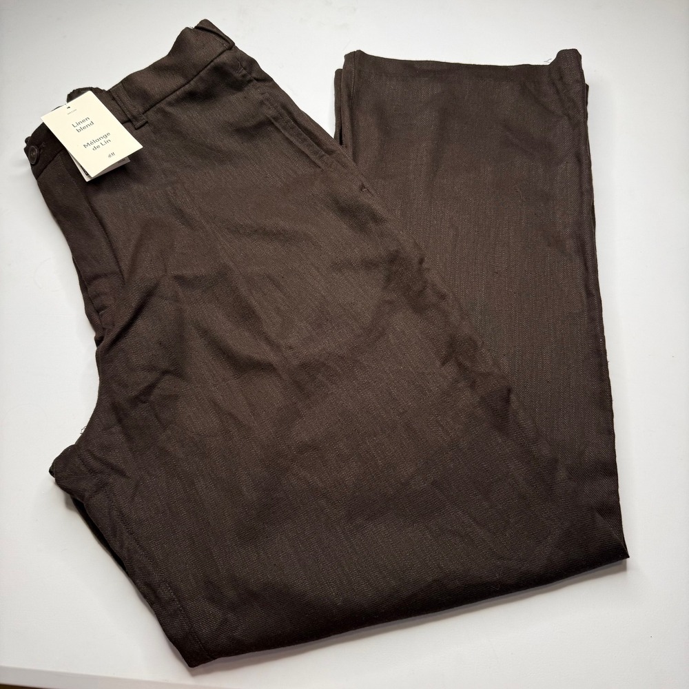 H&M Linen Blend Trousers Womens Brown Wide Leg High Rise Pleated Pants fall lg